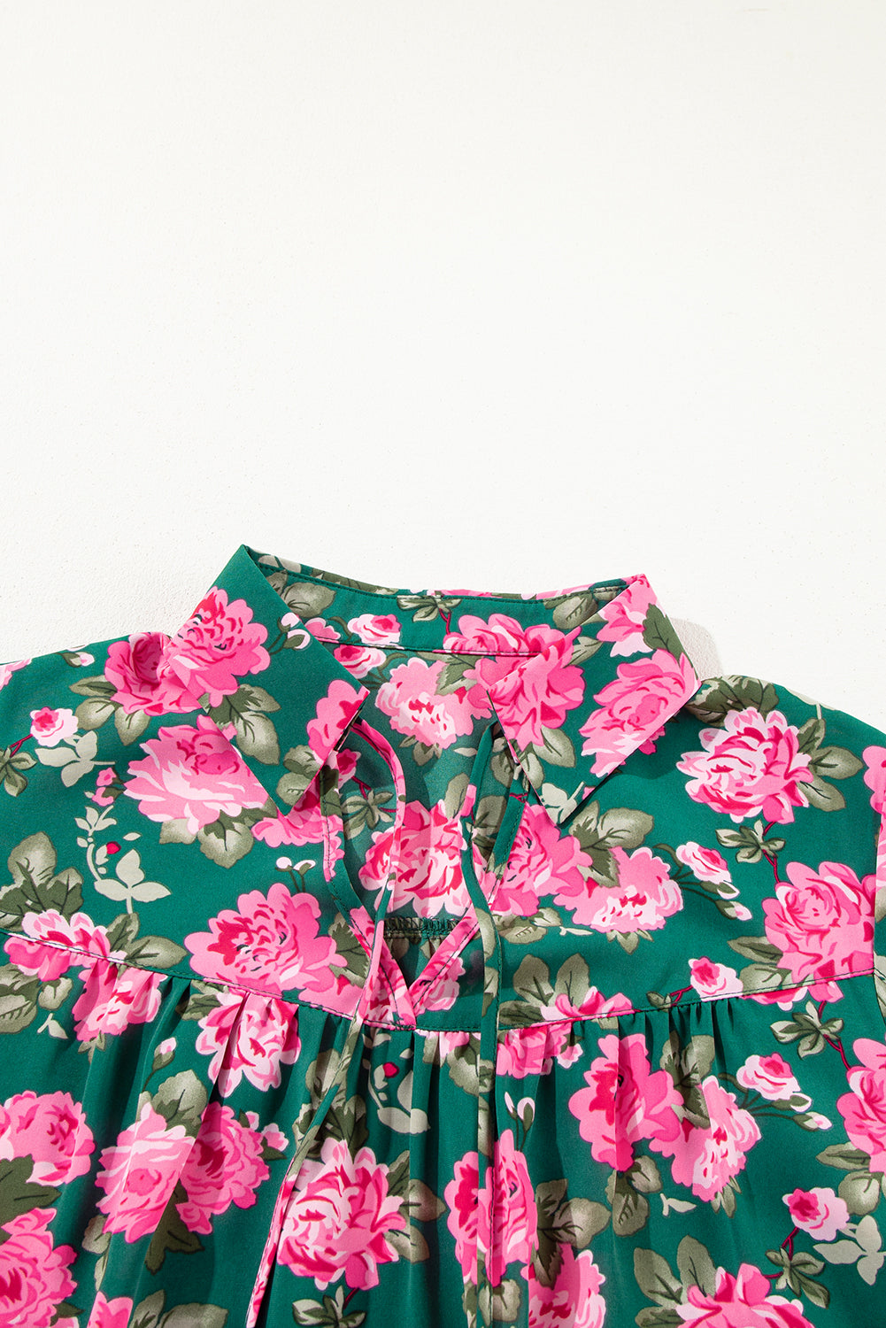 Green Floral Print Collared Puff Sleeve Blouse-Blouses-[Adult]-[Female]-2022 Online Blue Zone Planet