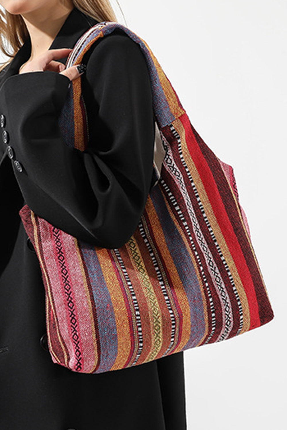 Fiery Red Ethnic Striped Canvas Tote Bag-Tote Bags-[Adult]-[Female]-Fiery Red-ONE SIZE-2022 Online Blue Zone Planet