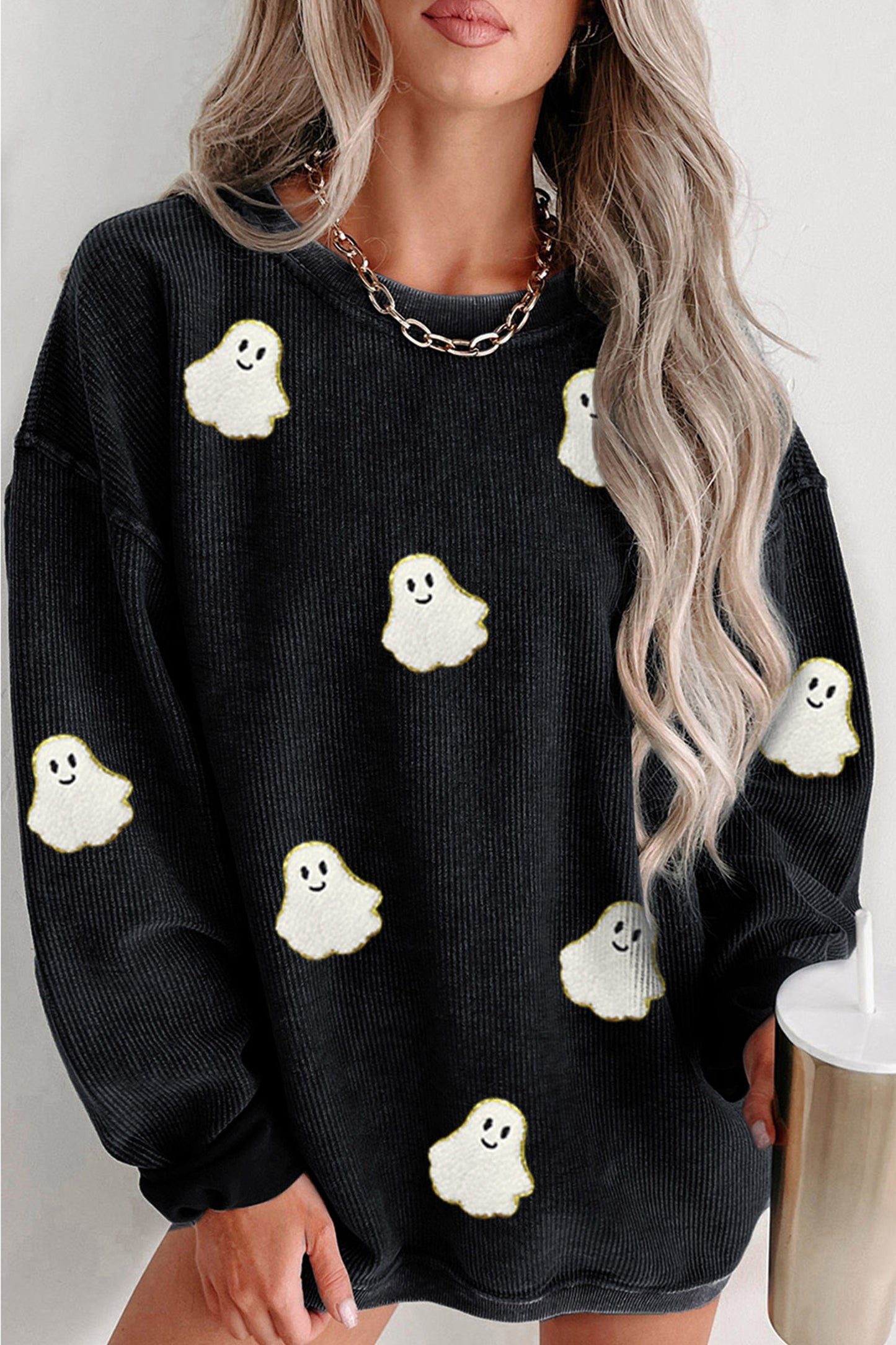 Black Oversized Ghost Print Pullover Corded Sweatshirt-Graphic/Graphic Sweatshirts-[Adult]-[Female]-Black-S-2022 Online Blue Zone Planet