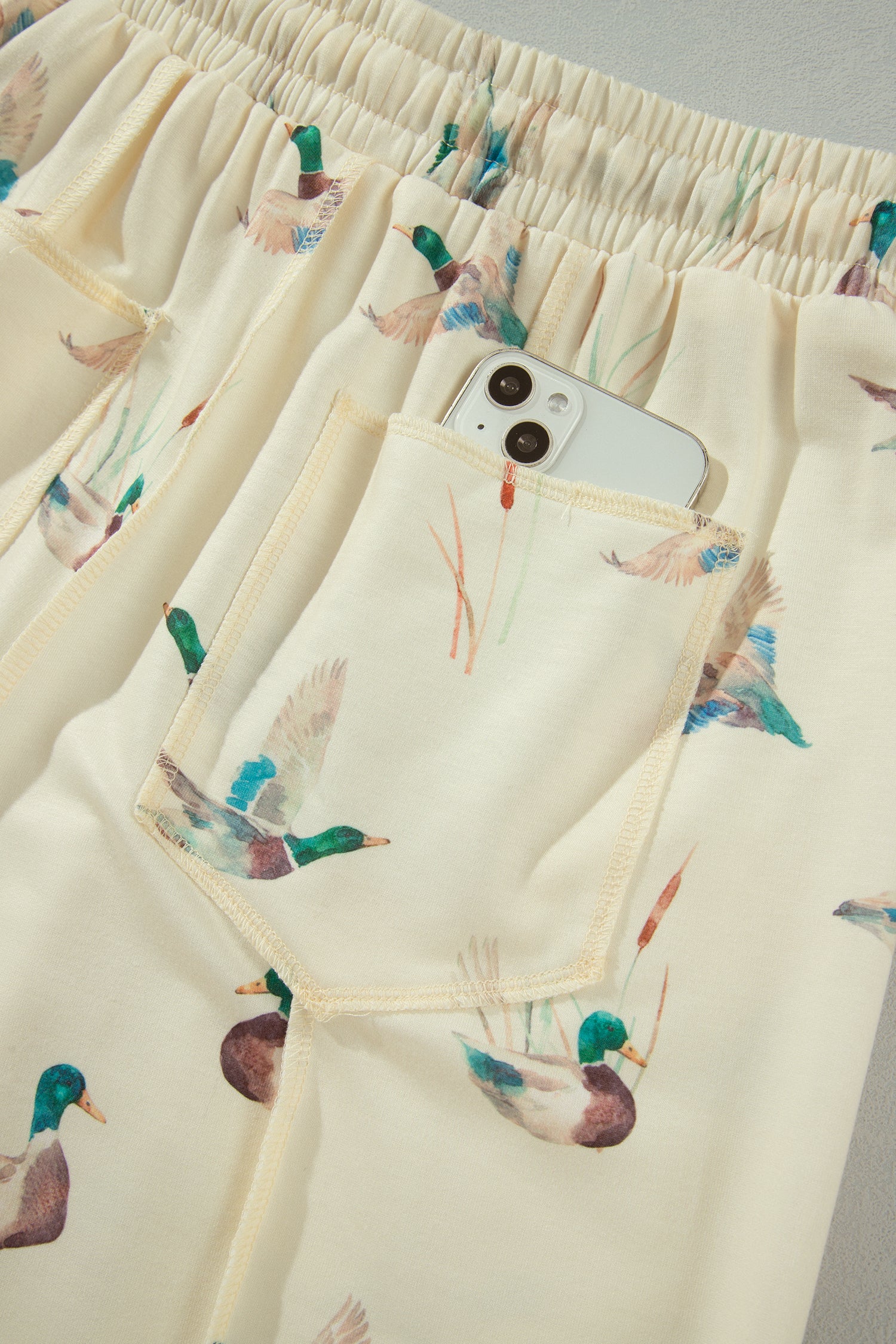 Beige Duck Print Short Sleeve Top Pocket Pants 2pcs Casual Set-Two Piece Sets/Pant Sets-[Adult]-[Female]-2022 Online Blue Zone Planet
