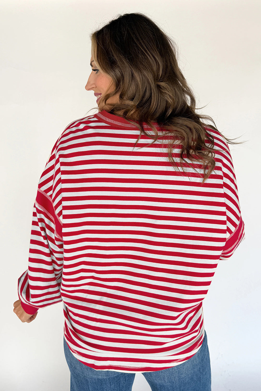 Red Stripe Exposed Seam V Neck Balloon Sleeve Pullover-Tops/Long Sleeve Tops-[Adult]-[Female]-2022 Online Blue Zone Planet
