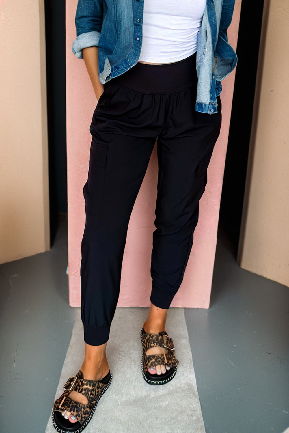 Black Elastic High Waist Pocketed Cargo Jogger Pants-Bottoms/Pants & Culotte-[Adult]-[Female]-2022 Online Blue Zone Planet