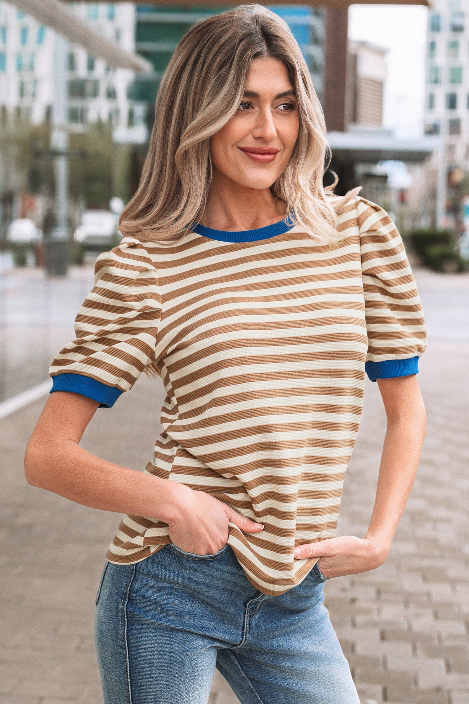 Brown Stripe Short Puff Sleeve Contrast Trim Round Neck Tee-Tops/Tops & Tees-[Adult]-[Female]-2022 Online Blue Zone Planet