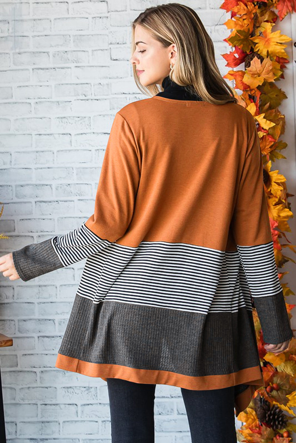 Blue Zone Planet | Orange Colorblock Striped Patchwork Open Cardigan-Sweaters & Cardigans/Cardigans-[Adult]-[Female]-2022 Online Blue Zone Planet