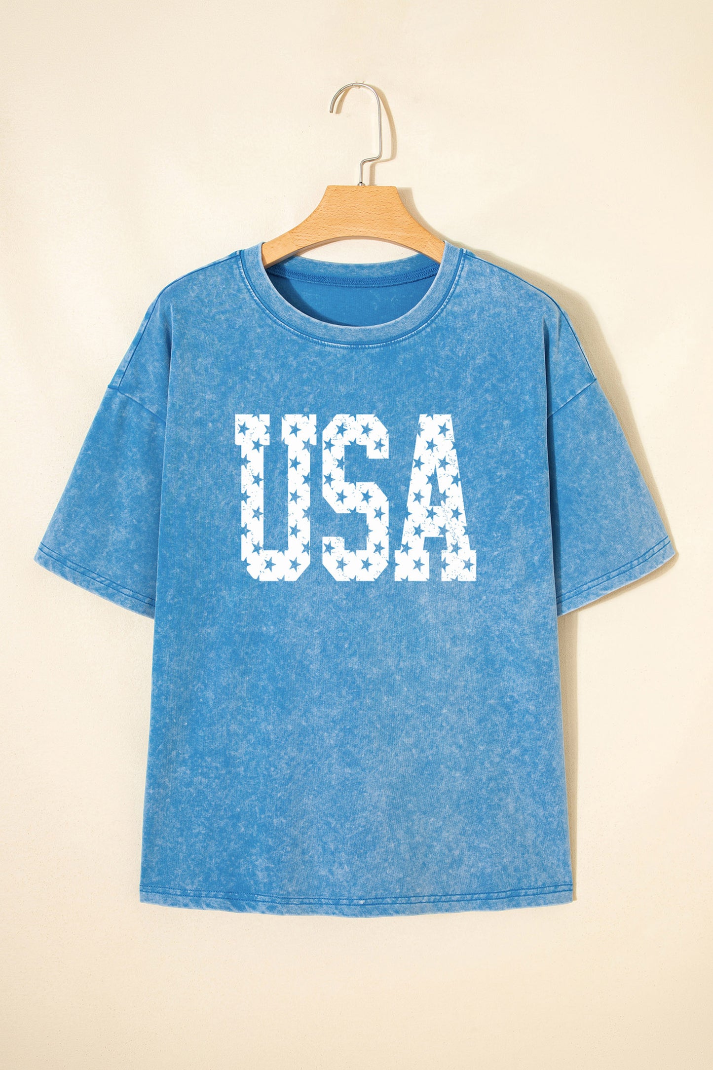 Blue USA Star Print Mineral Washed Cotton Tee-Graphic/Graphic Tees-[Adult]-[Female]-2022 Online Blue Zone Planet