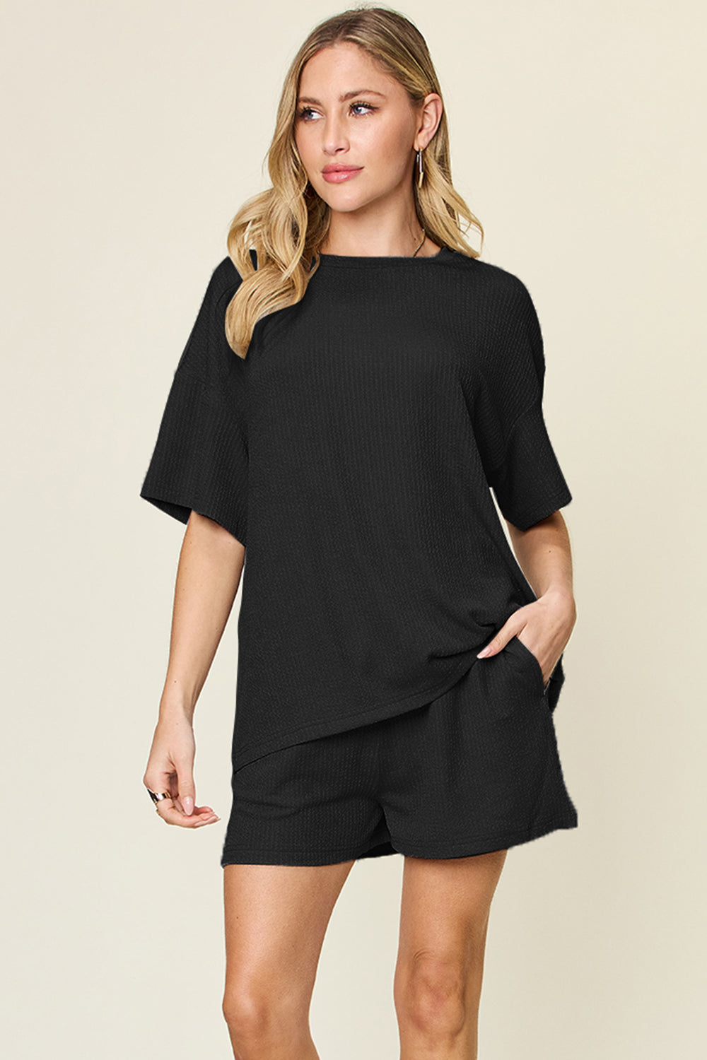 Double Take Basic style Round Neck Solid Set-TOPS / DRESSES-[Adult]-[Female]-Black-S-2022 Online Blue Zone Planet