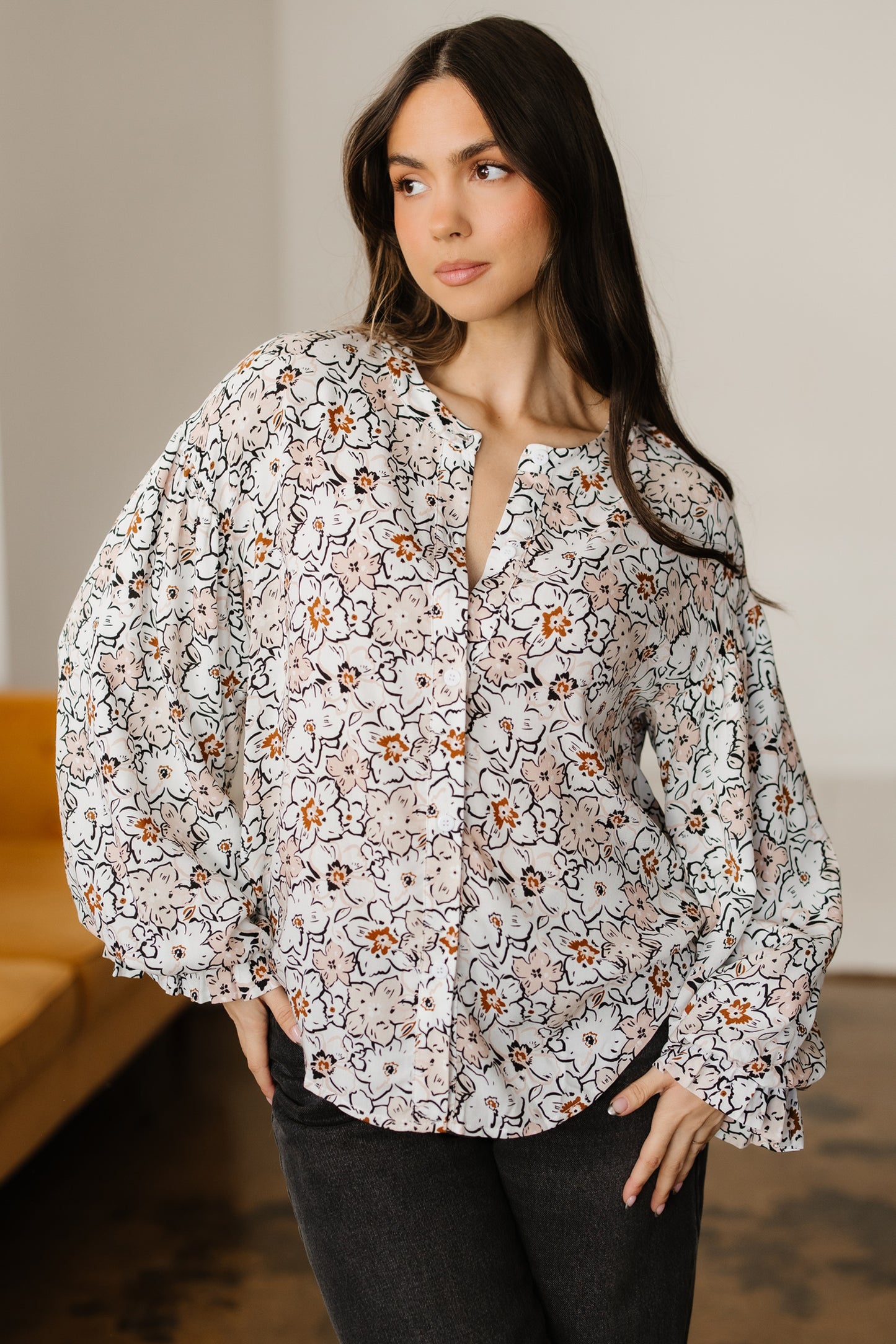 Khaki Bold Floral Print Frilled Puff Sleeve Button Down Shirt-Tops/Blouses & Shirts-[Adult]-[Female]-2022 Online Blue Zone Planet