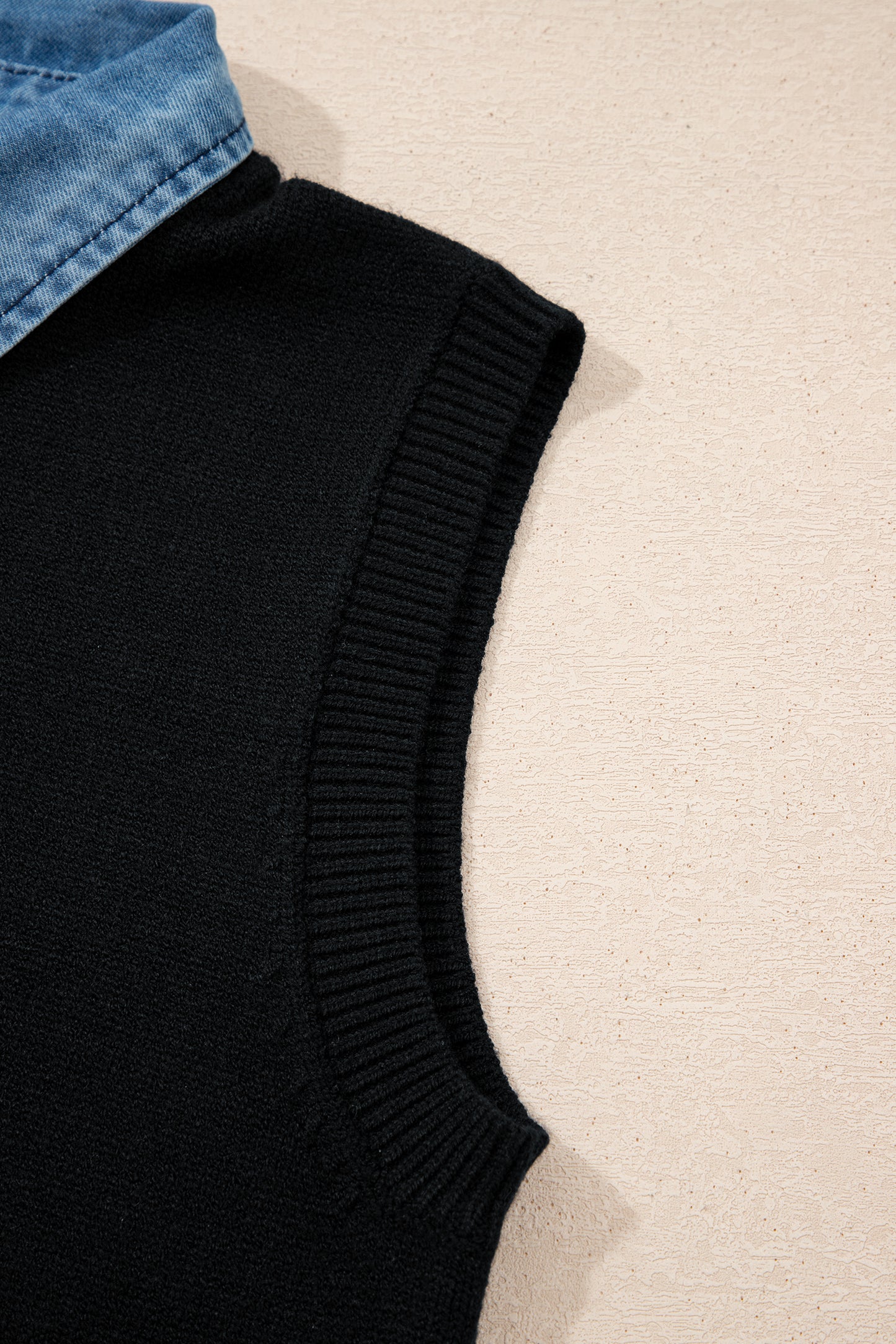 Black Solid Color Knit Contrast Denim Patchwork Collar Sweater Vest-TOPS / DRESSES-[Adult]-[Female]-2022 Online Blue Zone Planet