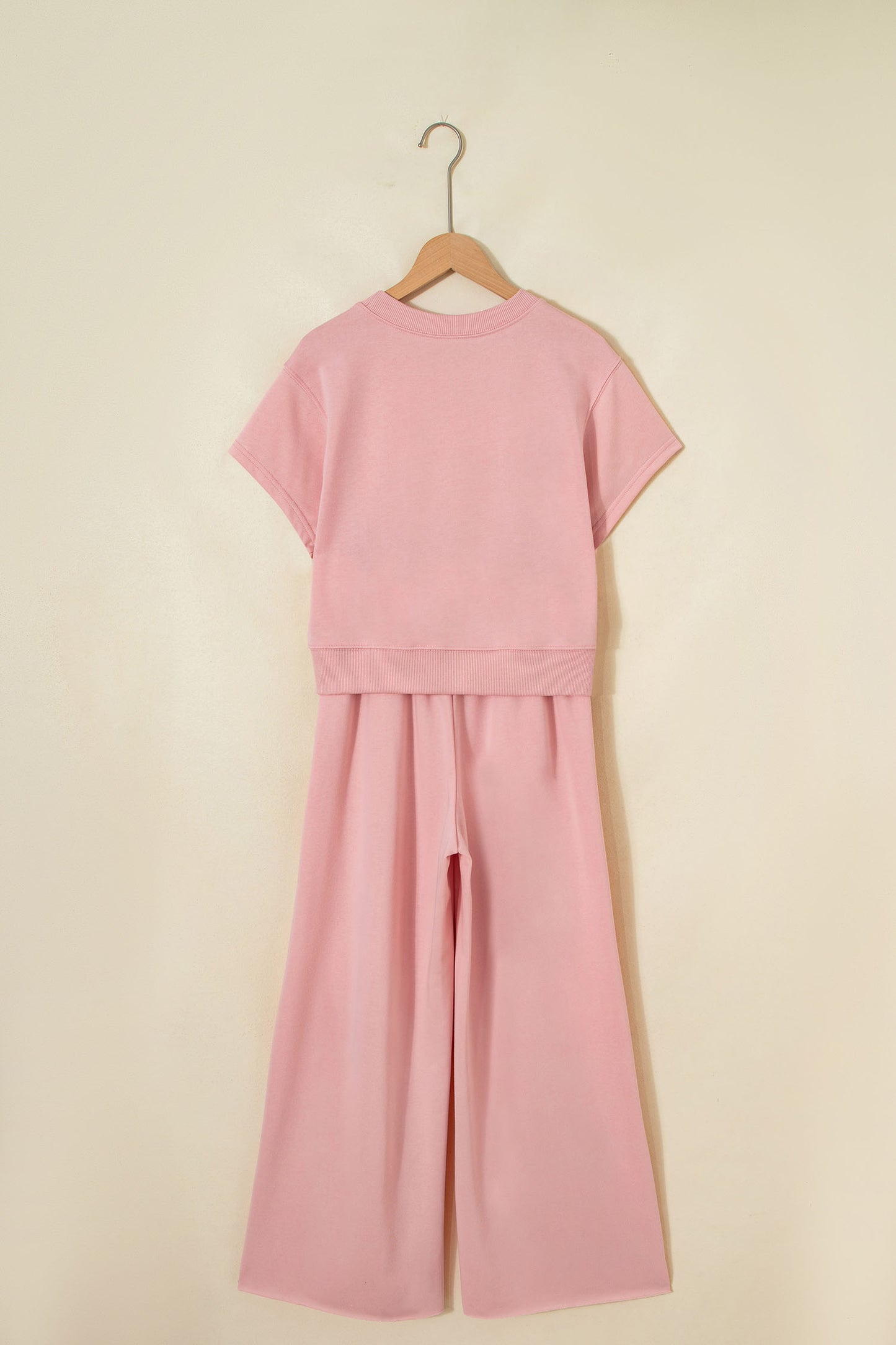 Light Pink Solid Color Loose Tee Drawstring Wide Leg Pants 2pcs Outfit-Two Piece Sets/Pant Sets-[Adult]-[Female]-2022 Online Blue Zone Planet