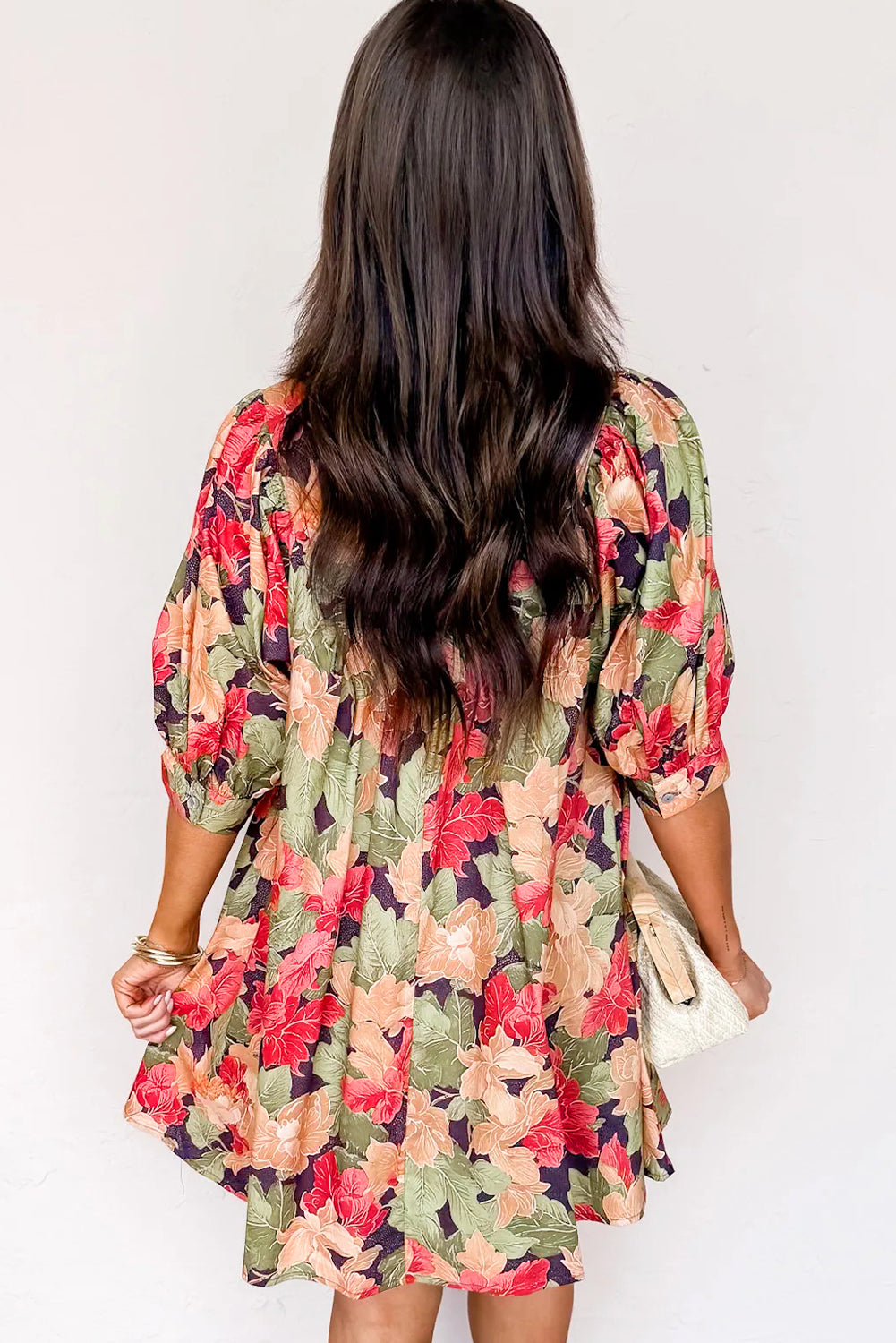 Green Floral Print Frilled Collar V Neck Half Sleeve Mini Dress-TOPS / DRESSES-[Adult]-[Female]-2022 Online Blue Zone Planet