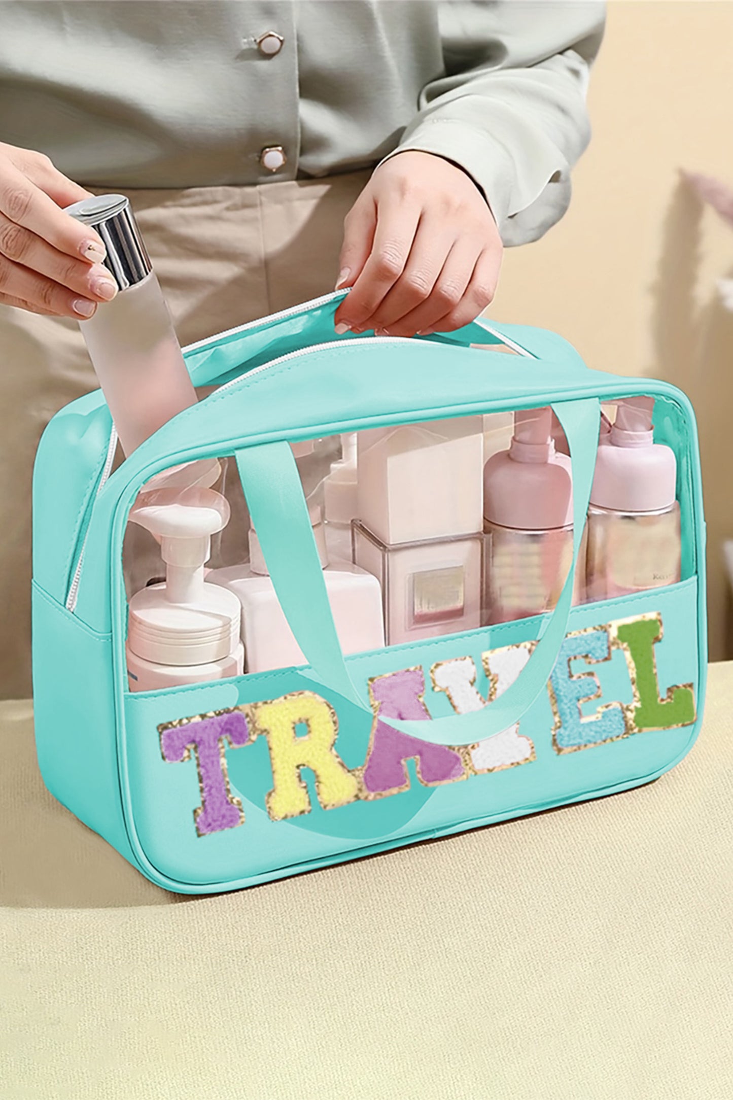 Light Pink Travel Chenille Letter Clear Pvc Makeup Bag-Shoes & Bags/Makeup Bags-[Adult]-[Female]-Mint Green-ONE SIZE-2022 Online Blue Zone Planet
