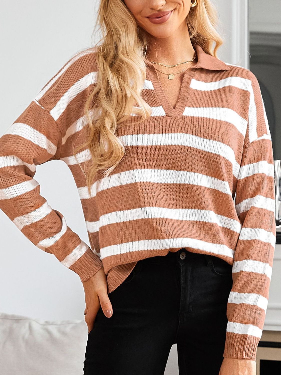 Many Striped Johnny Collar Long Sleeve Sweater-TOPS / DRESSES-[Adult]-[Female]-2022 Online Blue Zone Planet