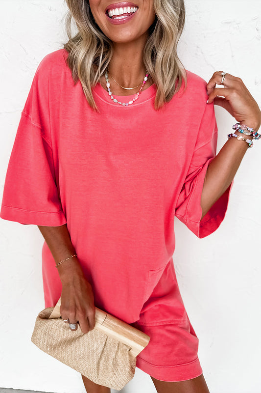 Coral Paradise Drop Shoulder Loose Casual T Shirt Mini Dress-Dresses/T Shirt Dresses-[Adult]-[Female]-Coral Paradise-S-2022 Online Blue Zone Planet