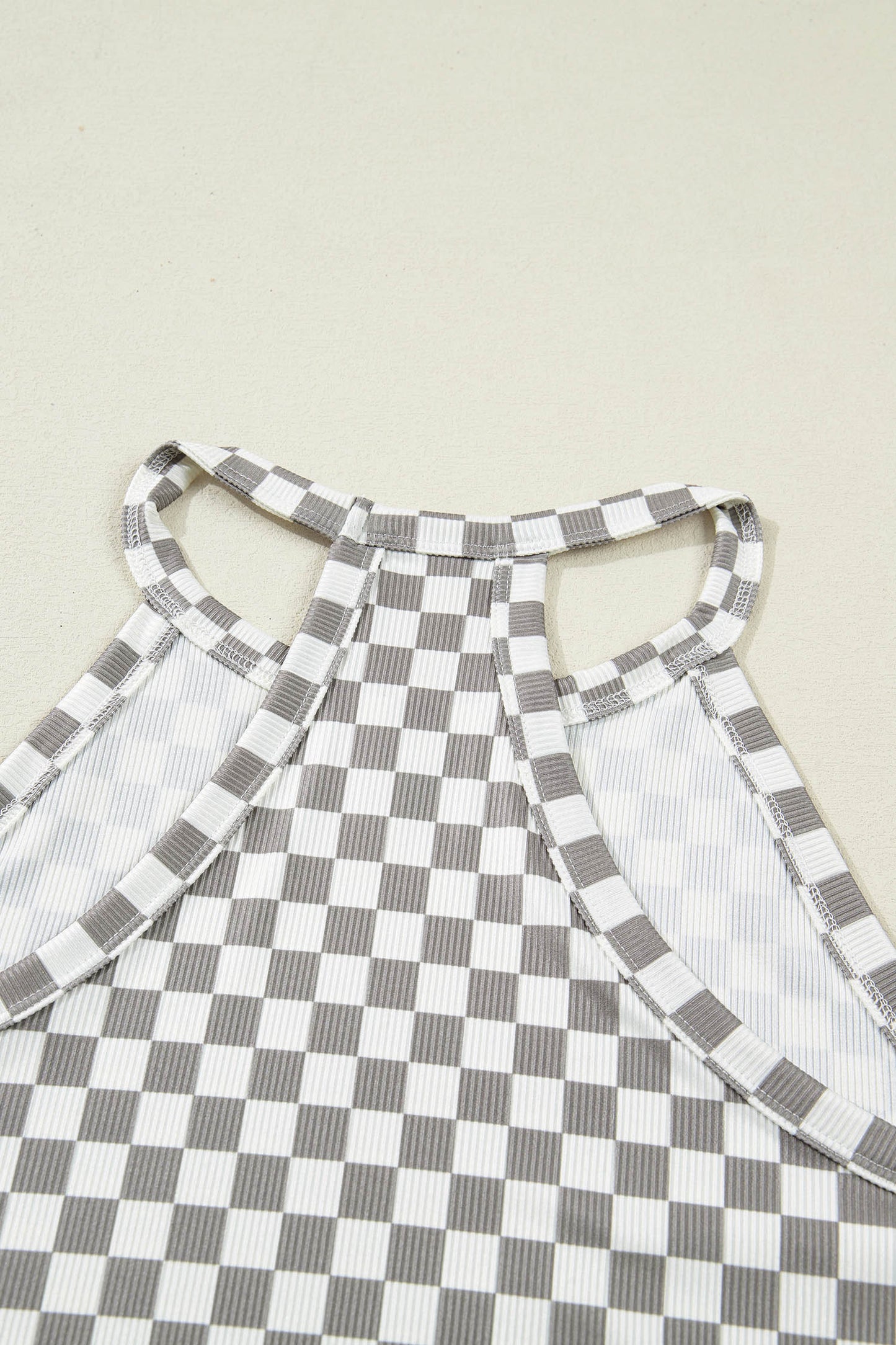 Gray Checkered Print Textured Halter Tank Top-Tops/Tank Tops-[Adult]-[Female]-2022 Online Blue Zone Planet