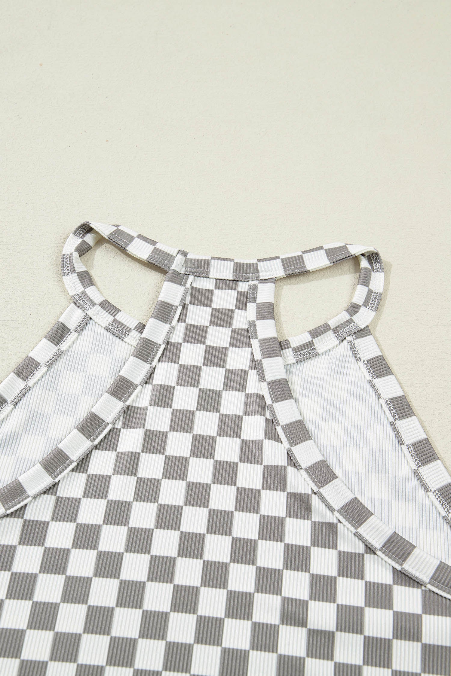 Gray Checkered Print Textured Halter Tank Top-Tops/Tank Tops-[Adult]-[Female]-2022 Online Blue Zone Planet