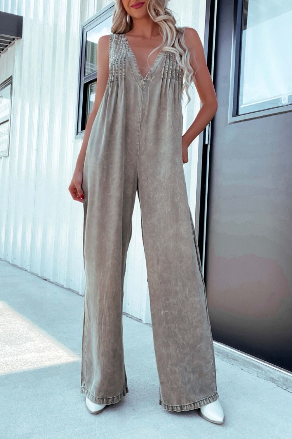 V-Neck Wide Leg Denim Jumpsuit-BOTTOM SIZES SMALL MEDIUM LARGE-[Adult]-[Female]-Khaki-S-2022 Online Blue Zone Planet