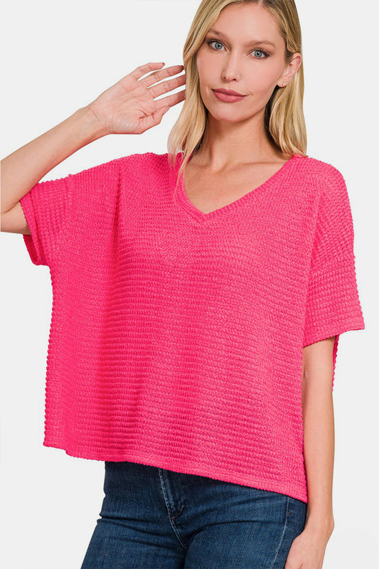 Zenana Drop Shoulder Short Sleeve Jacquard Knit Top-TOPS / DRESSES-[Adult]-[Female]-Fuchsia-S/M-2022 Online Blue Zone Planet