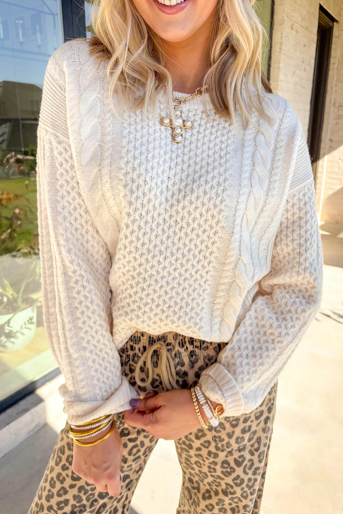 Beige Solid Color Cable Detail Knit Loose Round Neck Sweater-Sweaters & Cardigans/Sweaters-[Adult]-[Female]-2022 Online Blue Zone Planet