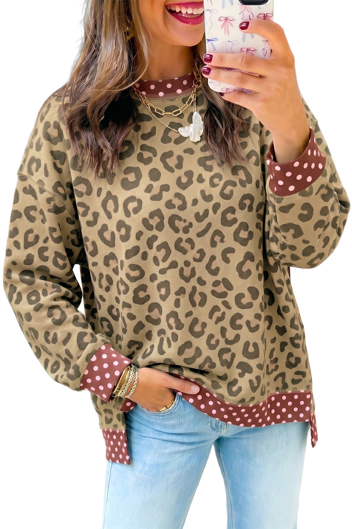 Brown Leopard Polka Dot Colorblock Trim Long Sleeve Top-Tops/Long Sleeve Tops-[Adult]-[Female]-2022 Online Blue Zone Planet