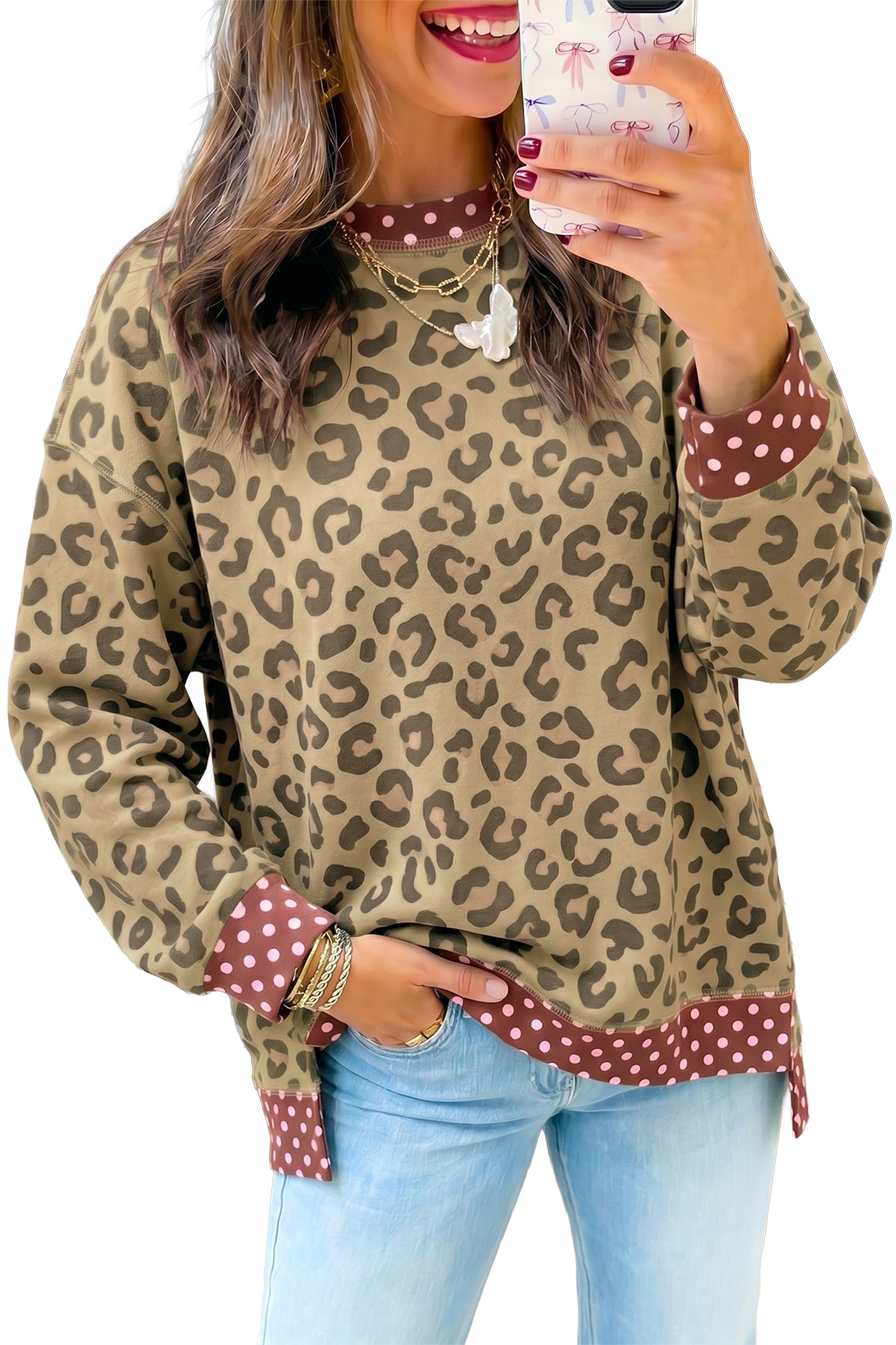 Brown Leopard Polka Dot Colorblock Trim Long Sleeve Top-Tops/Long Sleeve Tops-[Adult]-[Female]-2022 Online Blue Zone Planet