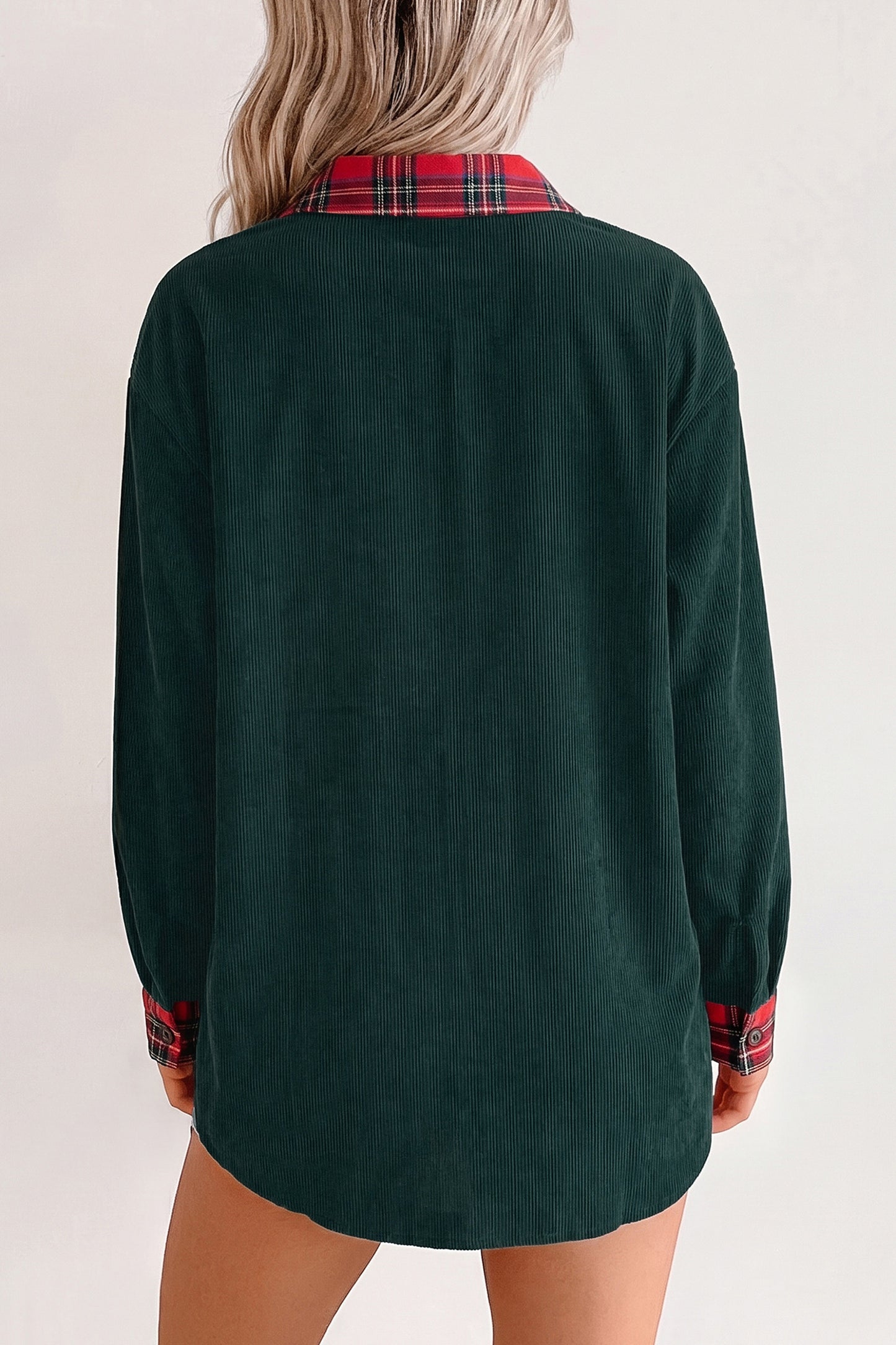 Blackish Green Plaid Pocket Button Long Sleeve Shift Shacket