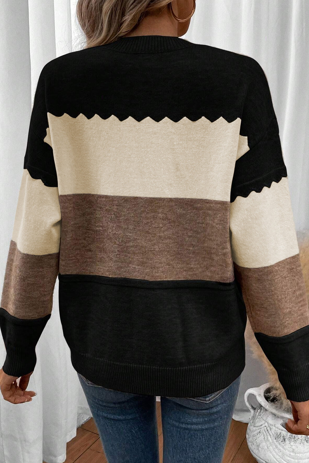 Black Colorblock Crew Neck Drop Shoulder Sweater-Sweaters & Cardigans/Sweaters-[Adult]-[Female]-2022 Online Blue Zone Planet