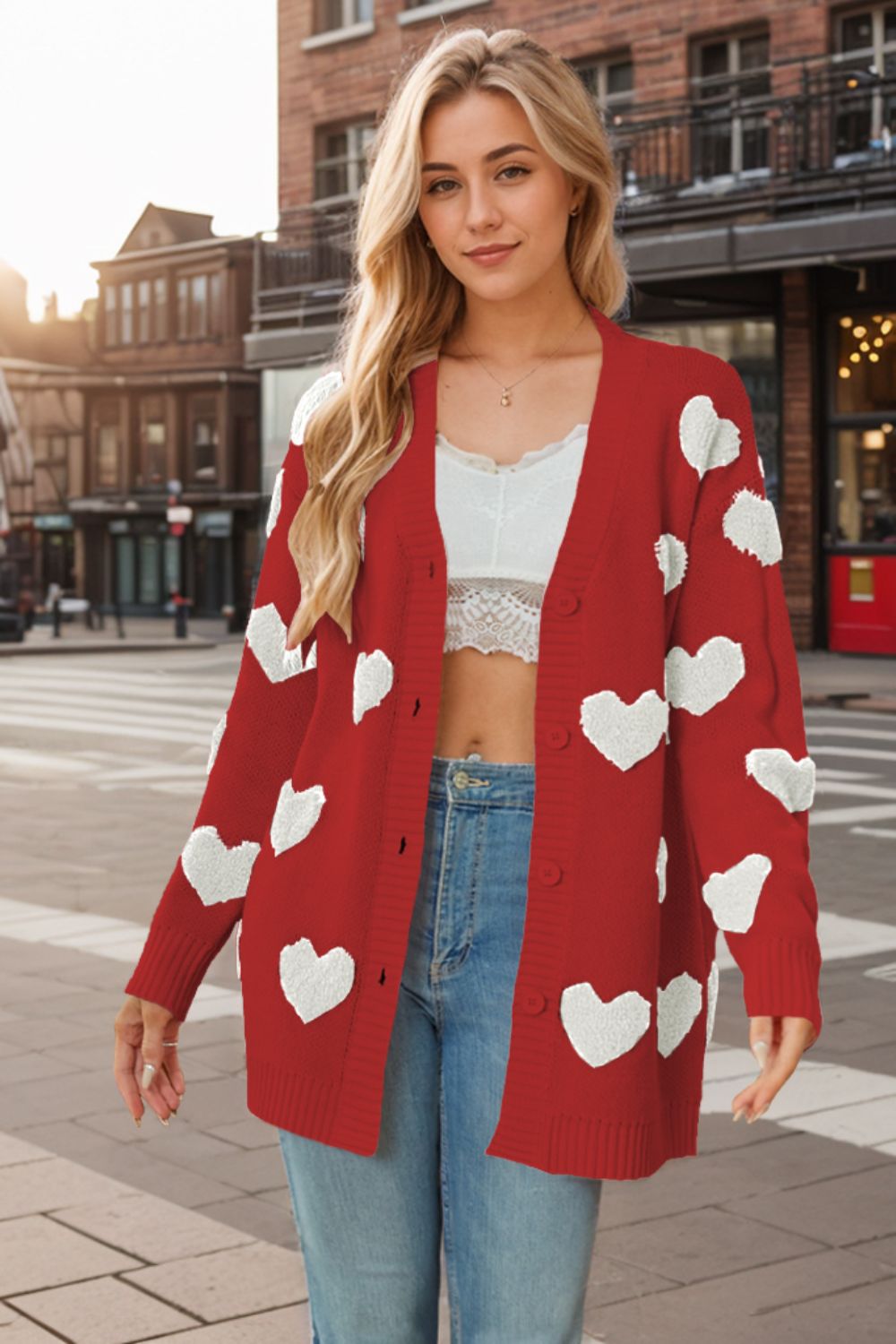 Blue Zone Planet | Heart Button Down Long Sleeve Cardigan-TOPS / DRESSES-[Adult]-[Female]-Scarlet-S-2022 Online Blue Zone Planet