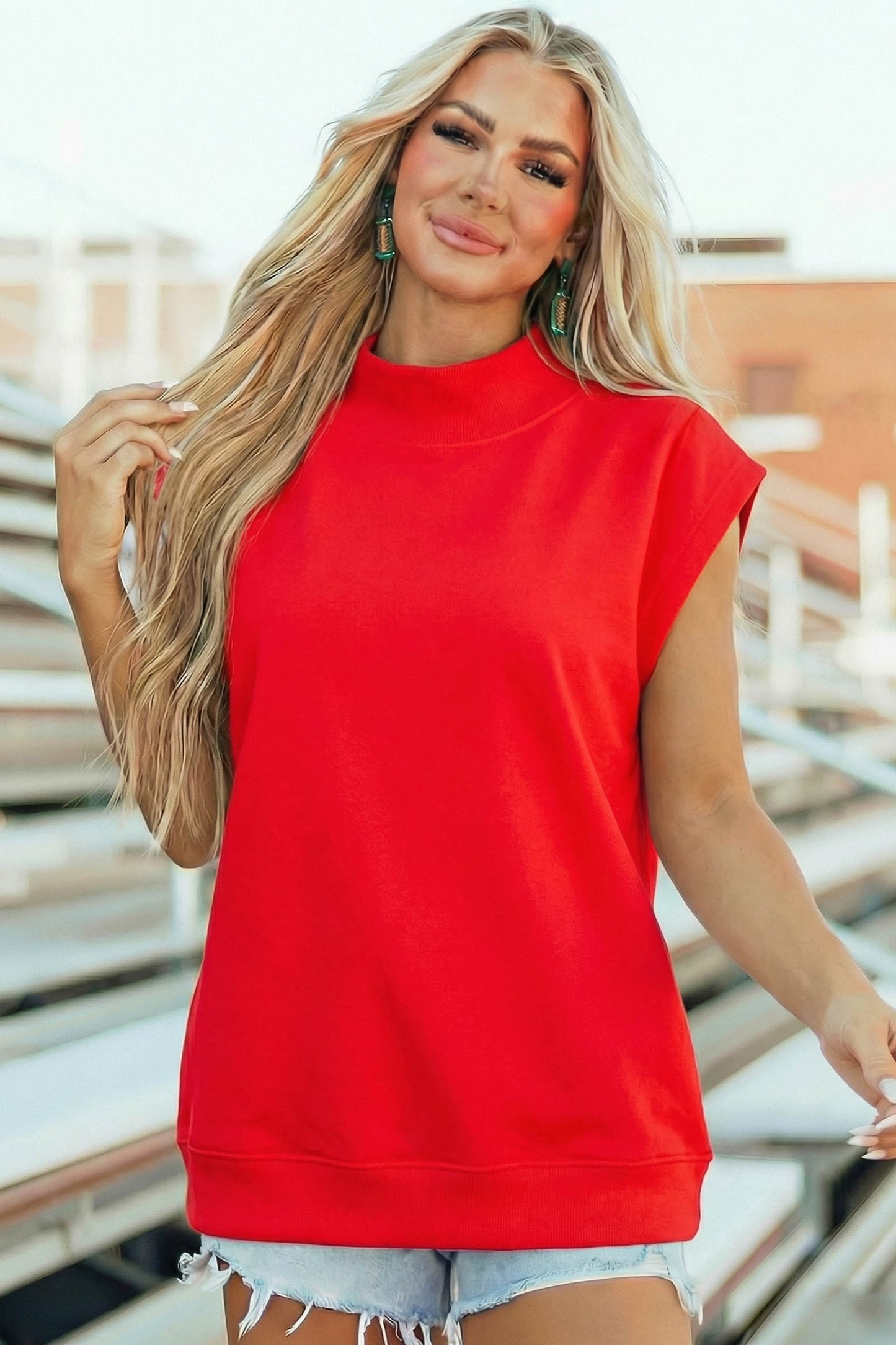 Light Grey Solid Color High Neck Cap Sleeve Loose Top-Tops/Tops & Tees-[Adult]-[Female]-2022 Online Blue Zone Planet