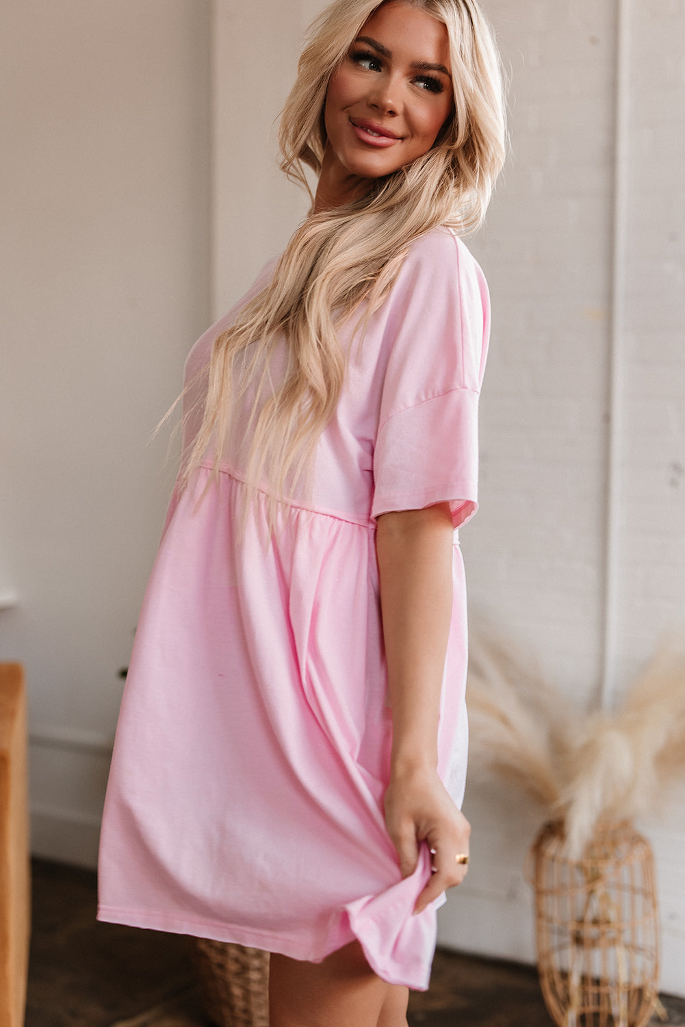 Light Pink Solid Color Pocketed Raw Edge Babydoll Dress-TOPS / DRESSES-[Adult]-[Female]-2022 Online Blue Zone Planet