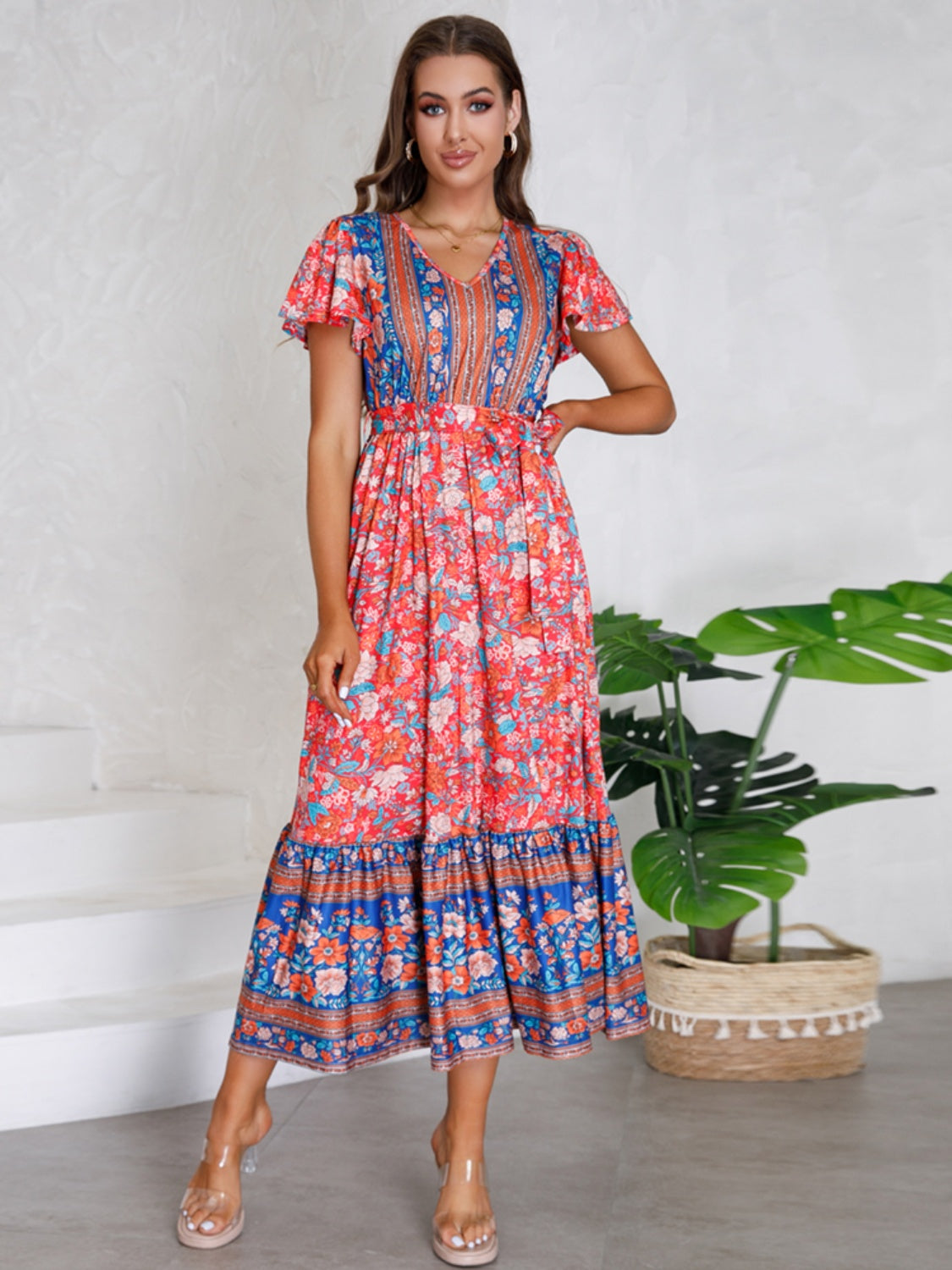 Tied Printed V-Neck Short Sleeve Dress-TOPS / DRESSES-[Adult]-[Female]-2022 Online Blue Zone Planet