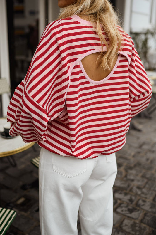 Red Stripe Cutout Open Back Long Sleeve Loose Top-Tops/Long Sleeve Tops-[Adult]-[Female]-Red Stripe-S-2022 Online Blue Zone Planet