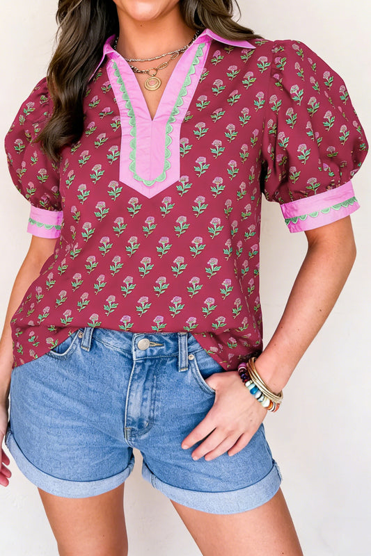 Red Contrast Collared V Neck Ricrac Trim Short Puff Sleeve Flower Blouse-Tops/Blouses & Shirts-[Adult]-[Female]-Red-S-2022 Online Blue Zone Planet