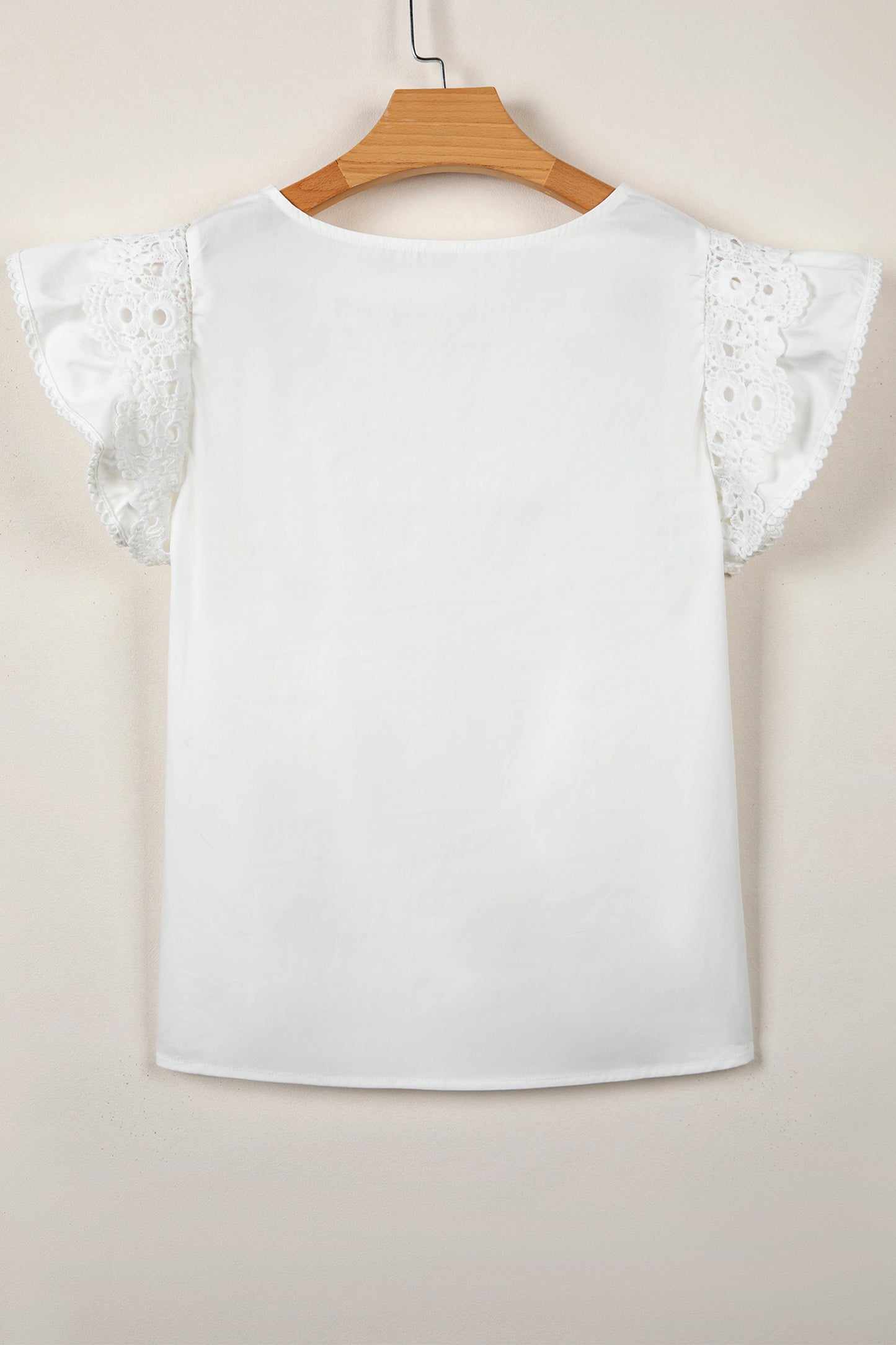 White Lace Detail Flutter Sleeve Pleated Round Neck Blouse-Tops/Blouses & Shirts-[Adult]-[Female]-2022 Online Blue Zone Planet