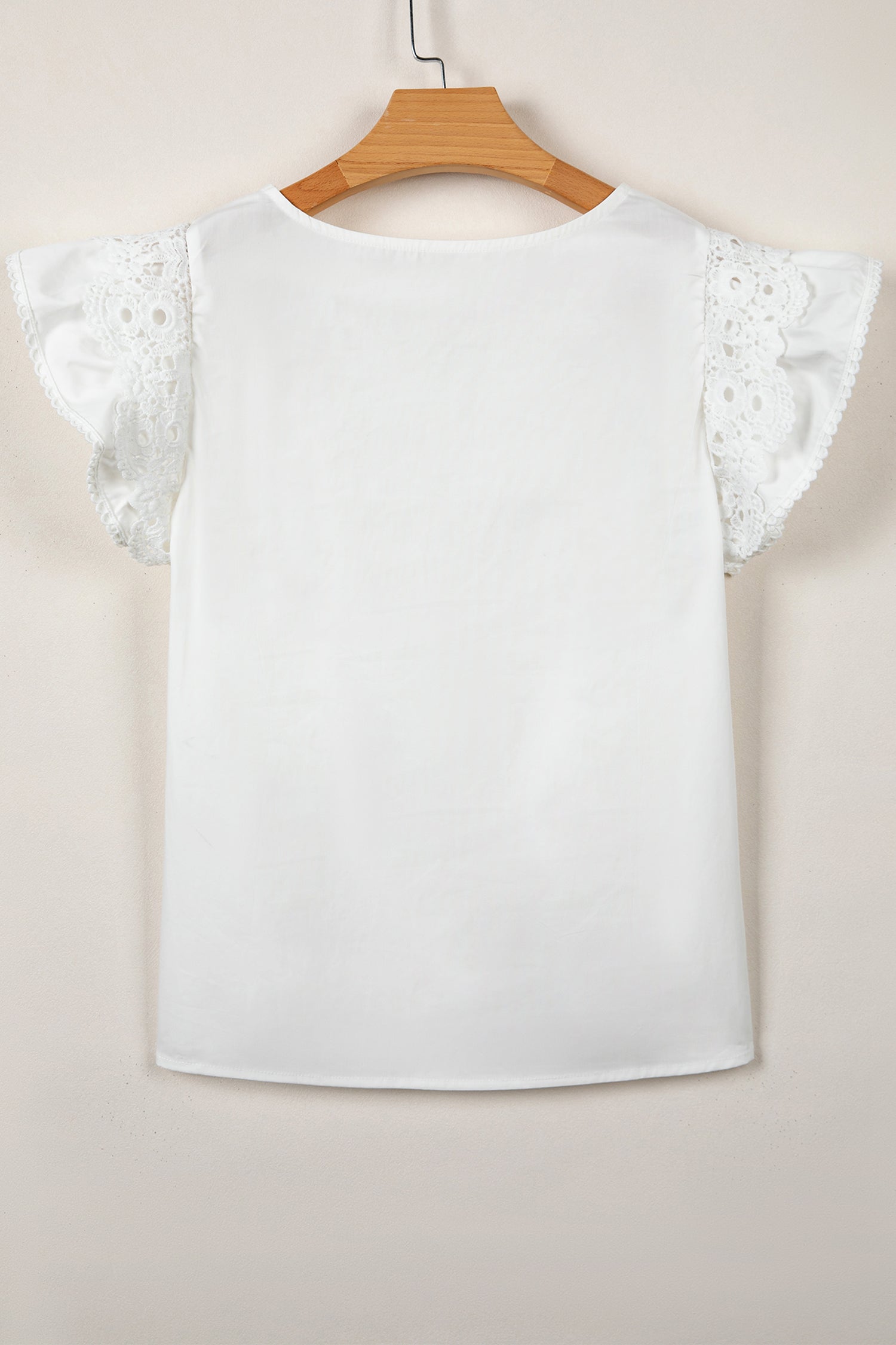 White Lace Detail Flutter Sleeve Pleated Round Neck Blouse-Tops/Blouses & Shirts-[Adult]-[Female]-2022 Online Blue Zone Planet