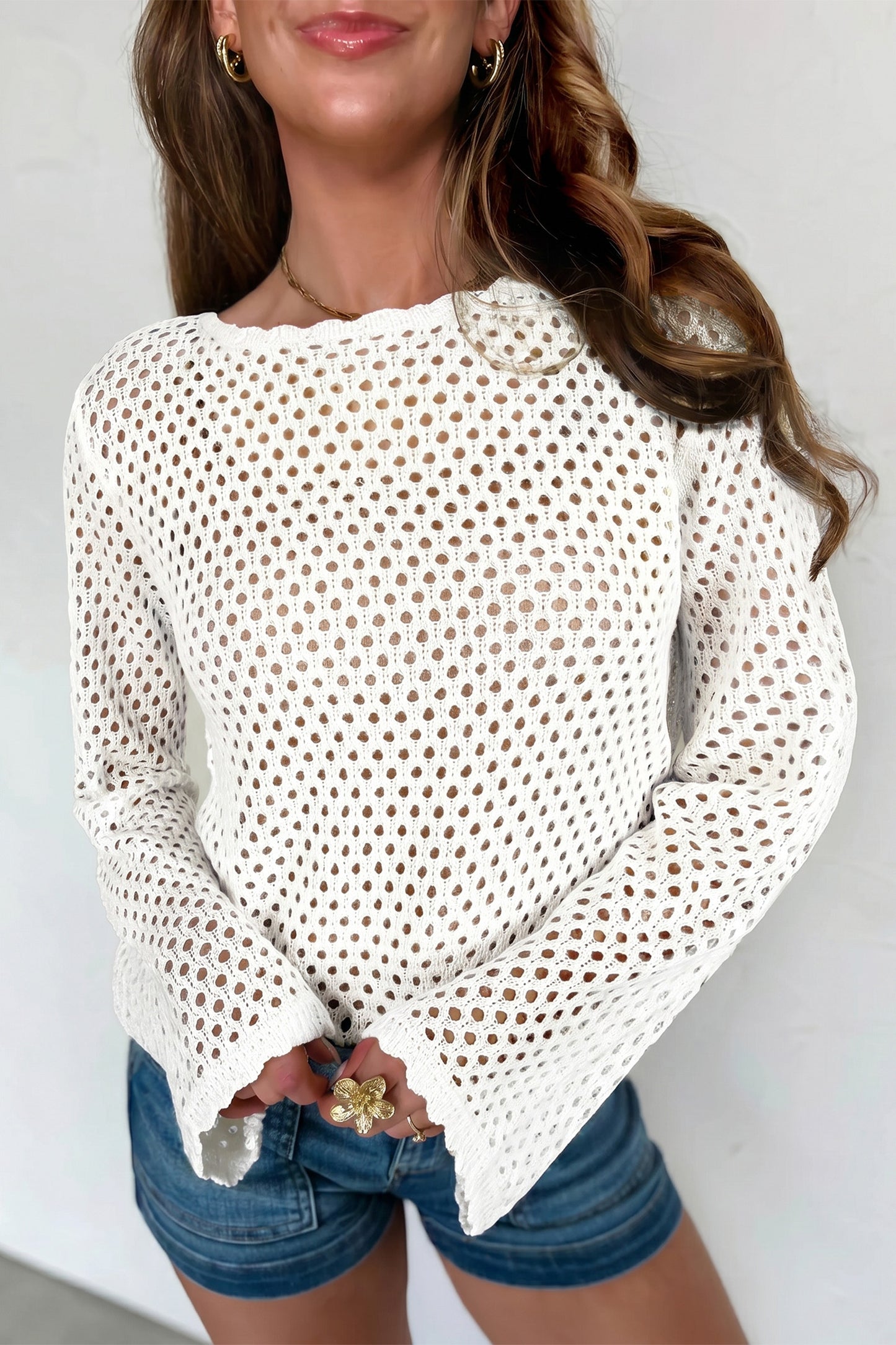 Yellow Cream Scalloped Trim Hollow Out Knit Long Sleeve Top-Sweaters & Cardigans/Sweaters-[Adult]-[Female]-White-S-2022 Online Blue Zone Planet