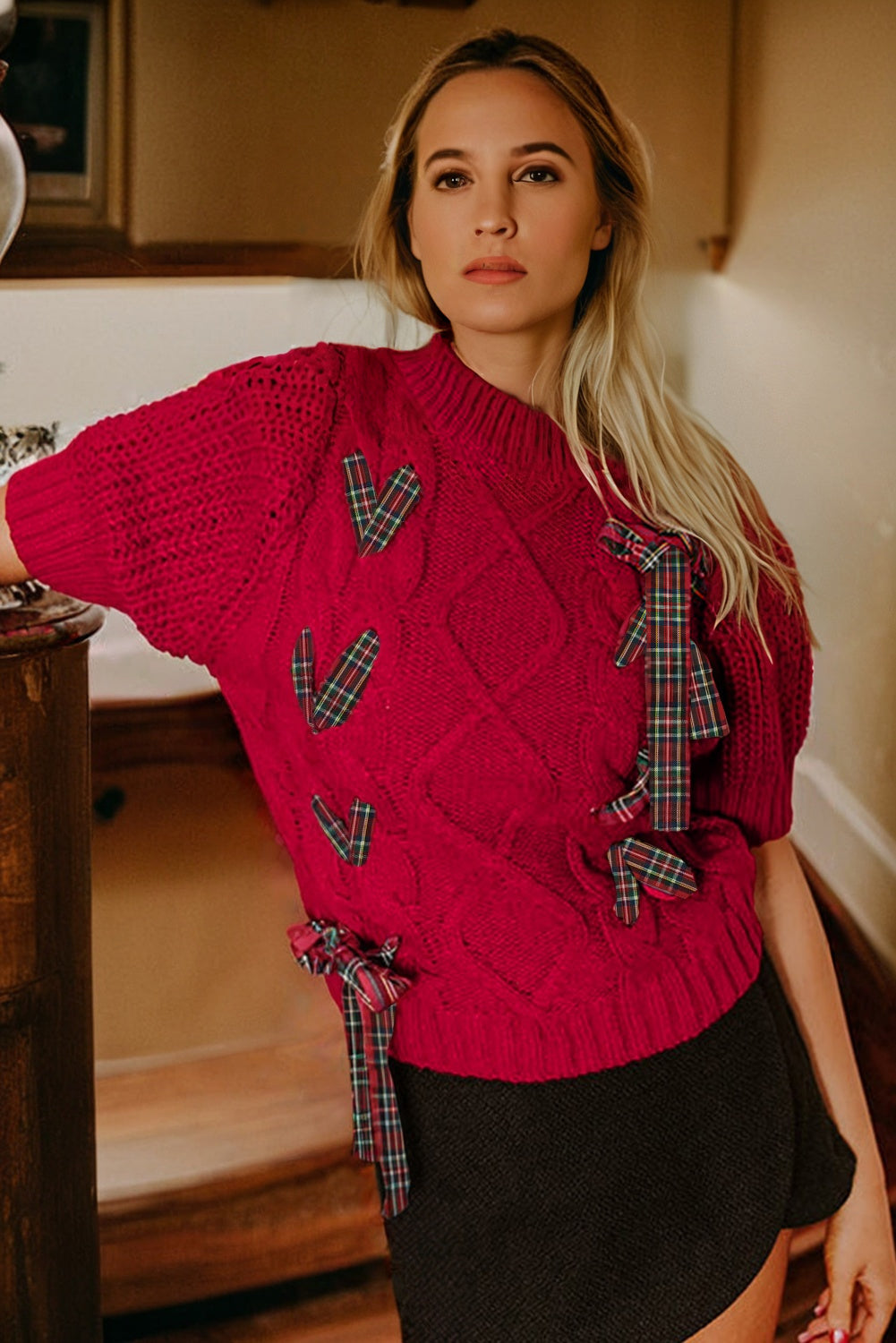 Fiery Red Plaid Lace Up Detail Christmas Holiday Puff Short Sleeve Sweater-TOPS / DRESSES-[Adult]-[Female]-2022 Online Blue Zone Planet