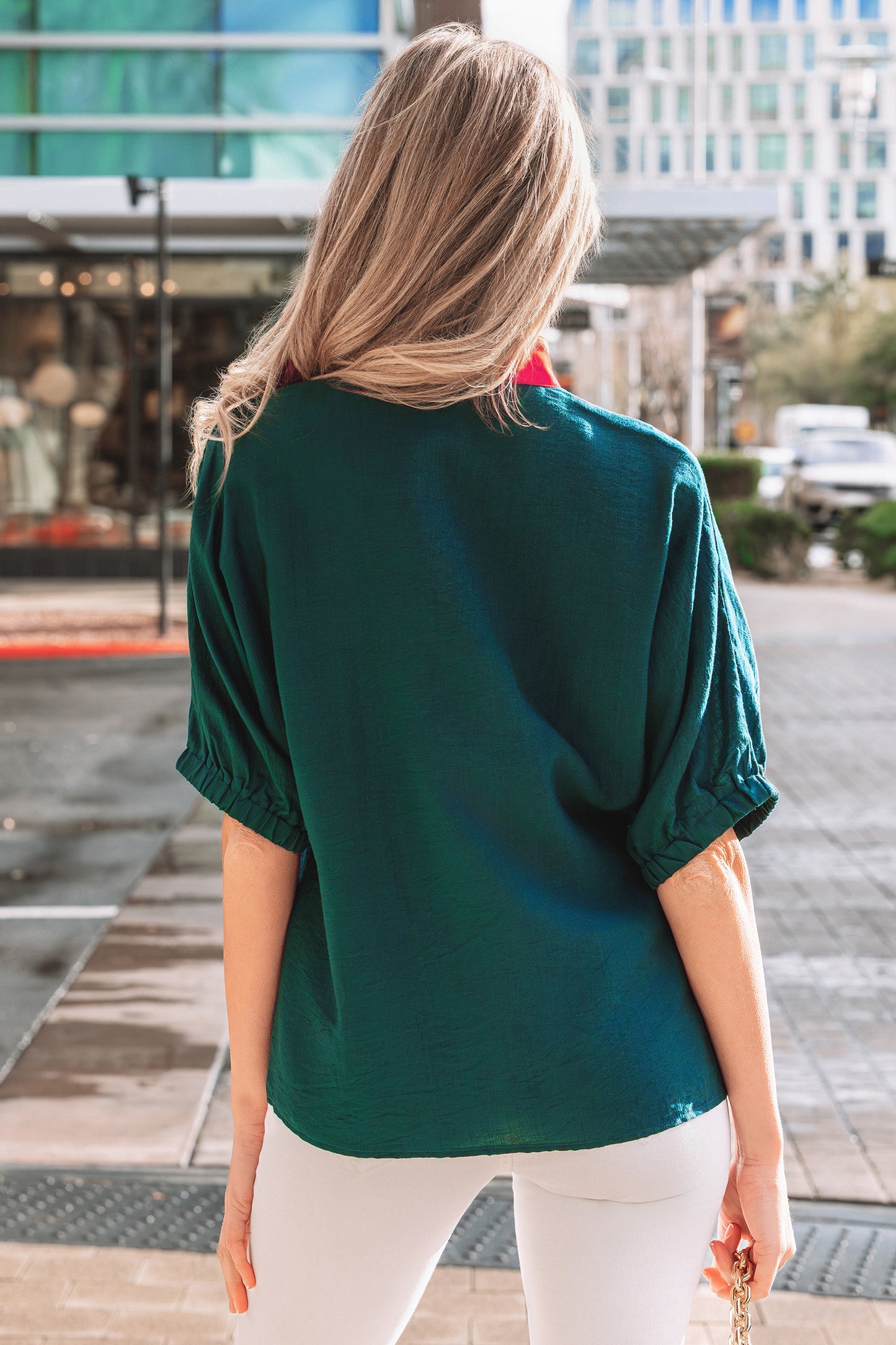 Evergreen Contrast Plaid Patchwork V Neck Half Sleeve Blouse-Tops/Blouses & Shirts-[Adult]-[Female]-2022 Online Blue Zone Planet