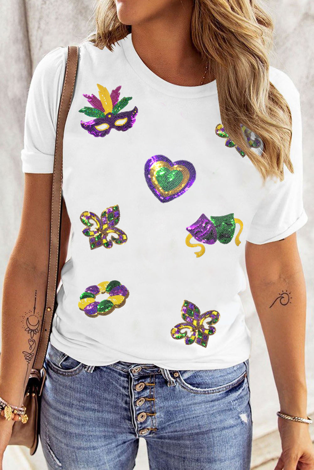 White Sequined Mardi Gras Symbolic Pattern Casual Tee-Graphic/Graphic Tees-[Adult]-[Female]-2022 Online Blue Zone Planet