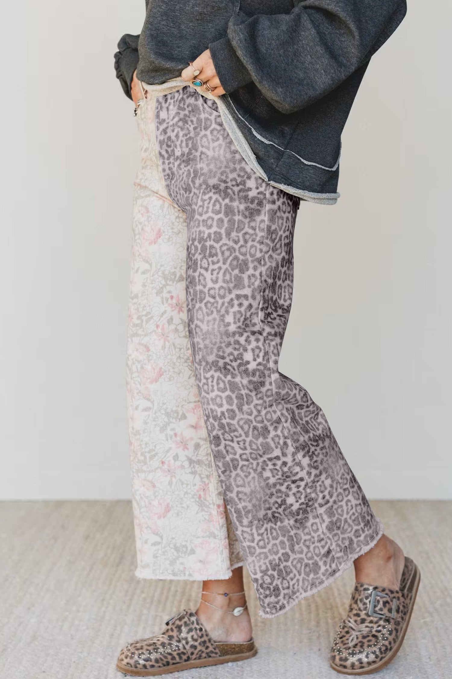 Multicolour Retro Floral Leopard Contrast Patchwork Raw Hem Jeans-Bottoms/Jeans-[Adult]-[Female]-2022 Online Blue Zone Planet