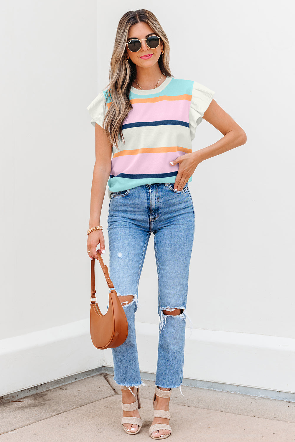 Multicolour Striped Color Block Flutter Sleeve Patchwork Sweater Top-TOPS / DRESSES-[Adult]-[Female]-2022 Online Blue Zone Planet