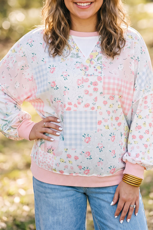 Pink Patchwork Floral Print Long Sleeve Tunic Plus Size Blouse-Plus Size/Plus Size Tops/Plus Size Long Sleeve Tops-[Adult]-[Female]-Pink-1X-2022 Online Blue Zone Planet