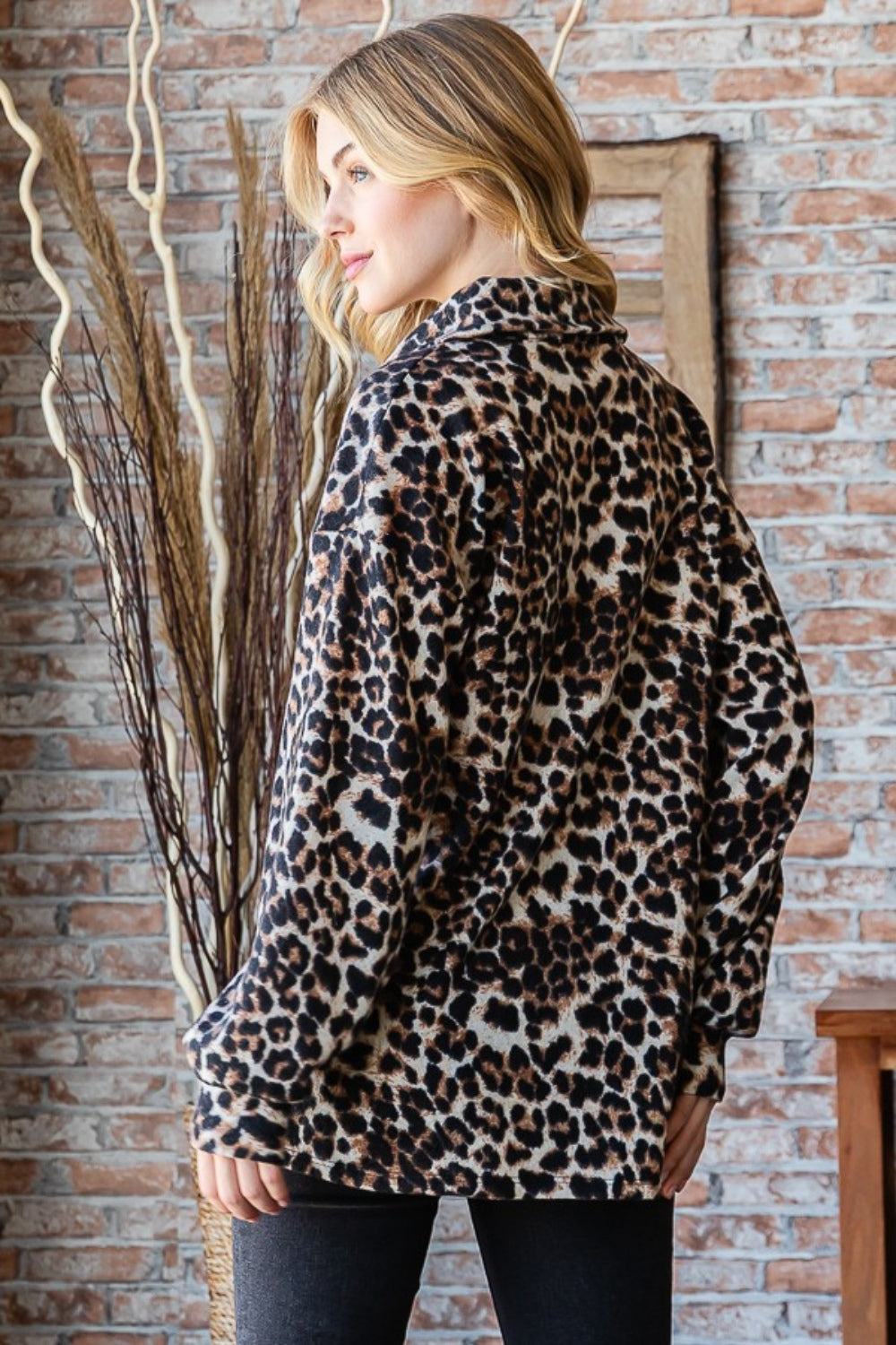 Blue Zone Planet | Heimish Full Size Leopard Johnny Collar Long Sleeve Top-TOPS / DRESSES-[Adult]-[Female]-2022 Online Blue Zone Planet