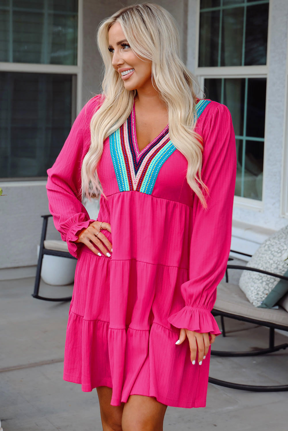 Blue Zone Planet | Rose Red Colorful Crochet V Neck Textured Tiered Ruffled Long Sleeve Mini Dress-TOPS / DRESSES-[Adult]-[Female]-2022 Online Blue Zone Planet