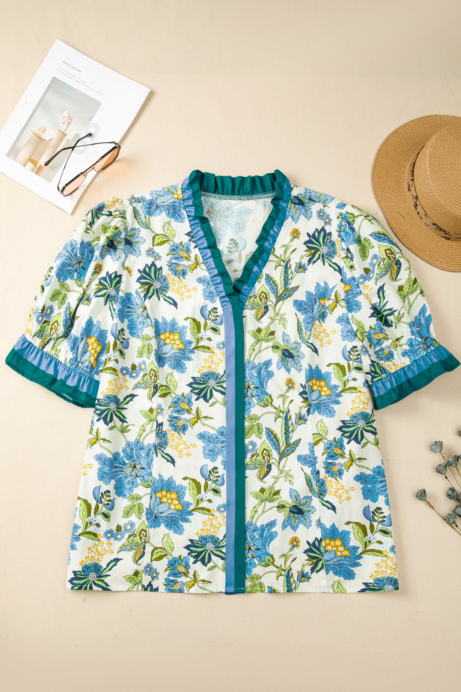 Sky Blue Plus Size Frilled V Neck Short Sleeve Floral Blouse-Plus Size/Plus Size Tops/Plus Size Blouses & Shirts-[Adult]-[Female]-2022 Online Blue Zone Planet
