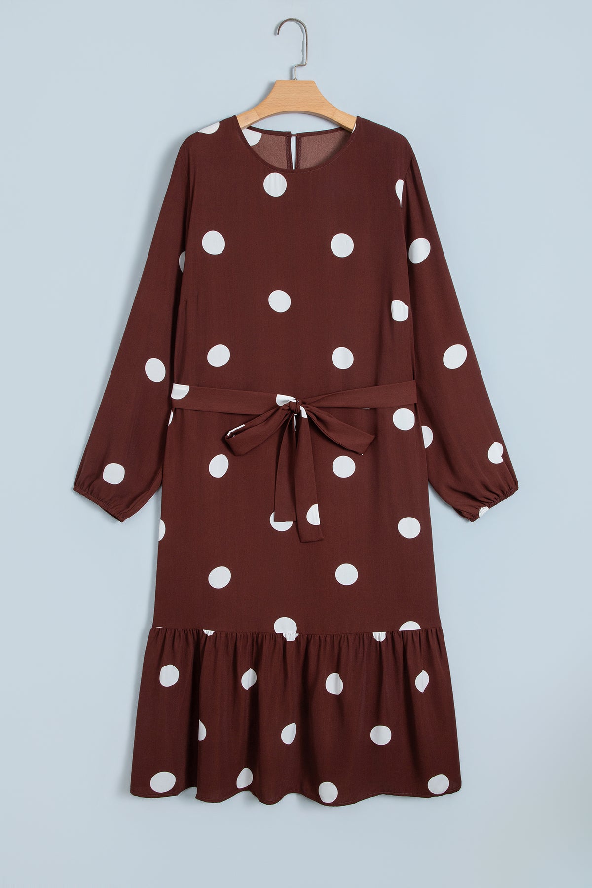 Brown Polka Dot Ruffled Hem Long Sleeve Tie Waist Plus Size Dress-TOPS / DRESSES-[Adult]-[Female]-2022 Online Blue Zone Planet