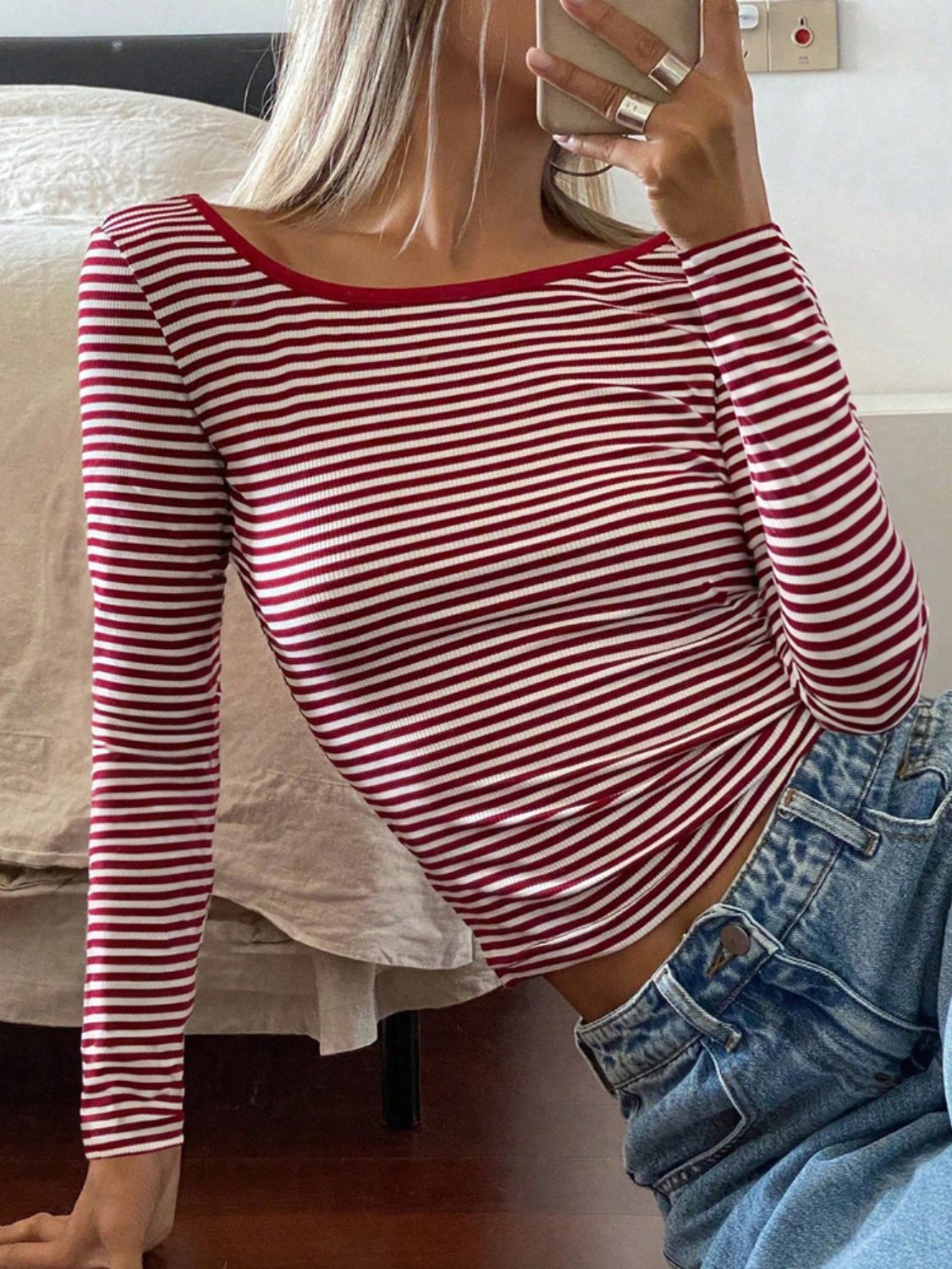 Devine Backless Striped Boat Neck Long Sleeve T-Shirt-TOPS / DRESSES-[Adult]-[Female]-Rust-S-2022 Online Blue Zone Planet