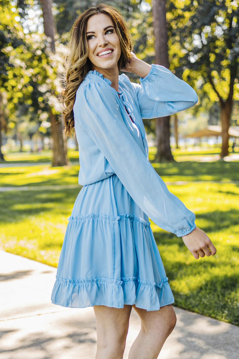 Blue Zone Planet | Light Blue V Neck Long Sleeve Ruffle Tiered Mini Dress-TOPS / DRESSES-[Adult]-[Female]-2022 Online Blue Zone Planet