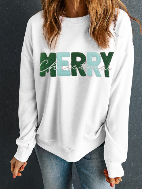 MERRY CHRISTMAS Contrast Long Sleeve Sweatshirt-TOPS / DRESSES-[Adult]-[Female]-White-S-2022 Online Blue Zone Planet