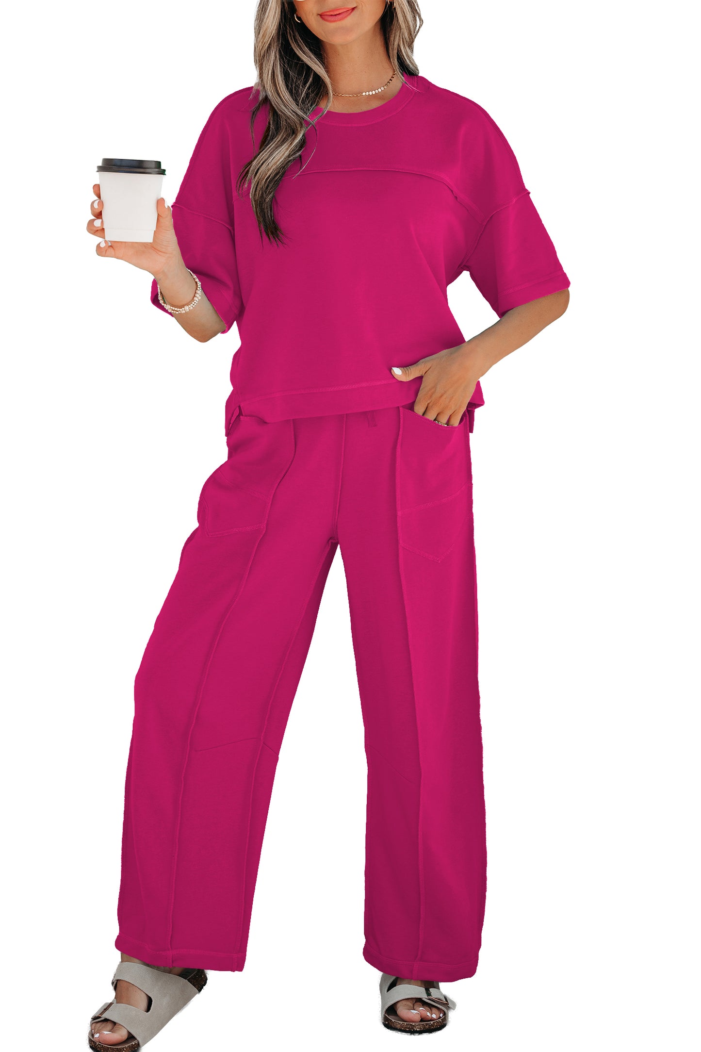 Sky Blue Drop Shoulder Boxy Tee and Barrel Pants Set-Two Piece Sets/Pant Sets-[Adult]-[Female]-2022 Online Blue Zone Planet