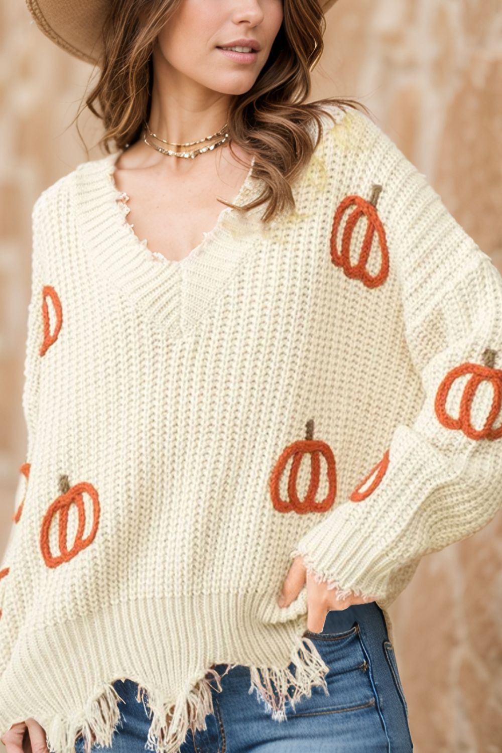 Raw Hem Pumpkin V-Neck Long Sleeve Sweater-TOPS / DRESSES-[Adult]-[Female]-Beige-S-2022 Online Blue Zone Planet